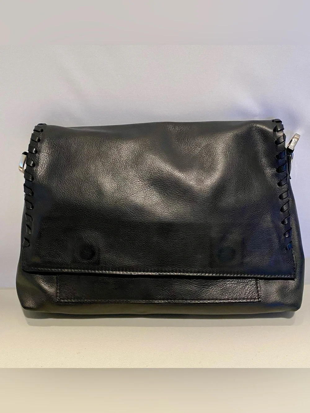 Carla Mancini Black Leather Shoulder Bag with Whipstitch Detail - Picture 1 of 9